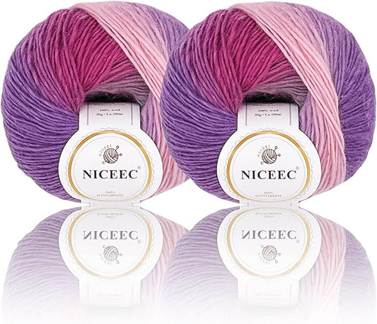 NICEEC 2 Skeins Rainbow Soft Yarn 100% Wool Gradient Multi Color Yarn for Crocheting Knit Total Length 180m×2(196yds×2,50g×2)-12#