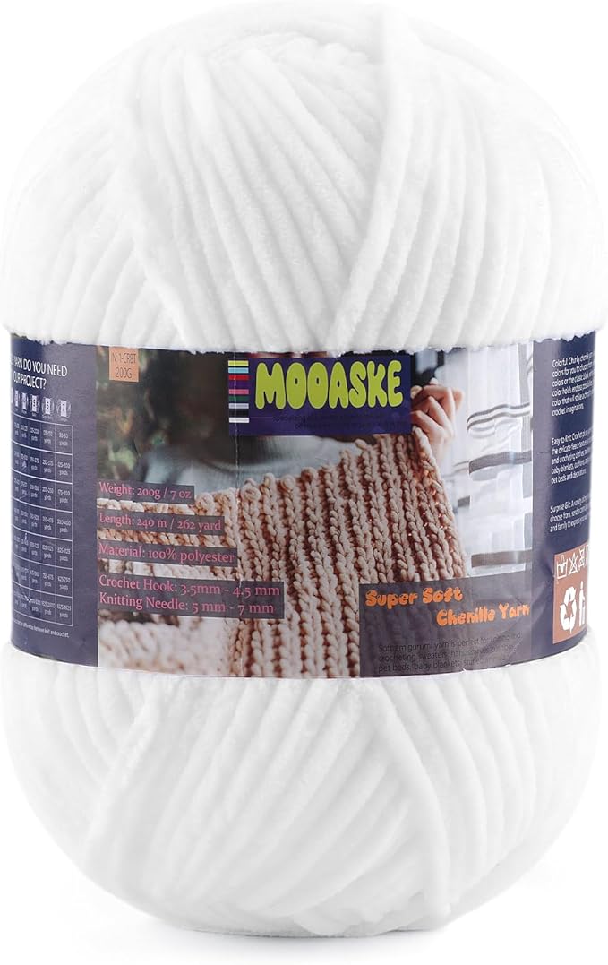 Chunky Velvet Yarn for Crocheting & Knitting, 7.05oz 262.4yd Super Soft Chenille Plush Yarn, Bulk Thick Yarns for Baby Blankets, Amigurumi, Scarves | 20 Colors (1, White)