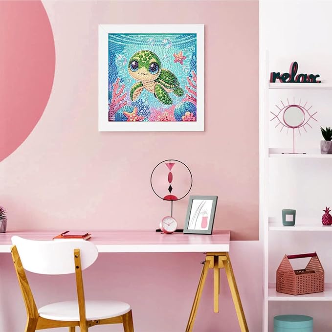 Sea Turtle Diamond Art Painting Kits for Kids with Frame, Turtle Diamond Art for Kids Ages 4-8-12 with Frame, Easy Small Cute Animal Gem Painting Kit for Gift Home Wall Decoration (7x7 inch)