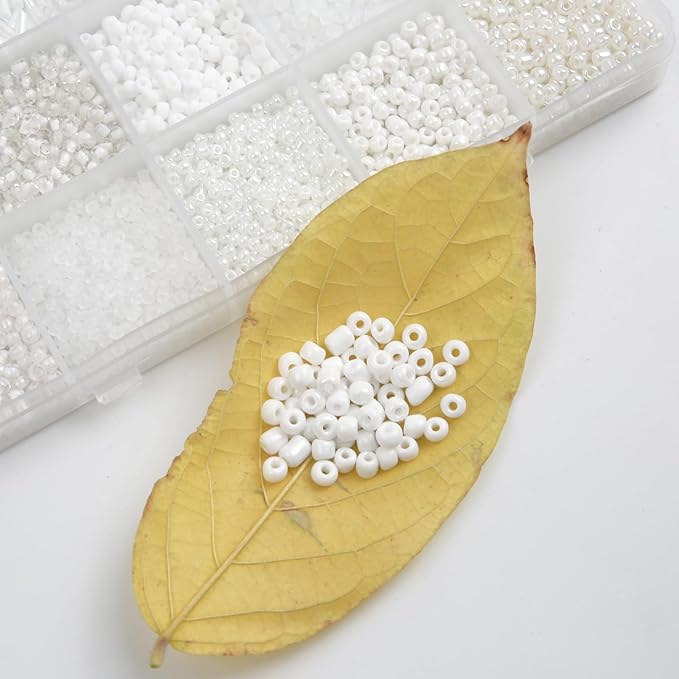 GTAAOY Mix 15 Color Glass Seed Beads, Glass Bugle Beads Tube Beads for Adults, Bracelet Bead Boards, Tweezers,Elastic Sting for Jewelry Making(Mix Size,White)