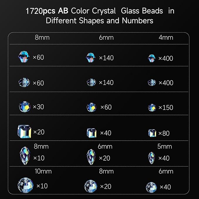 1720pcs Crystal Glass Beads for Jewelry Making, Assorted Clear Faceted Crystal Beads Suncatcher Beads for Bracelets Necklace Earring DIY Crafts, New AB Color
