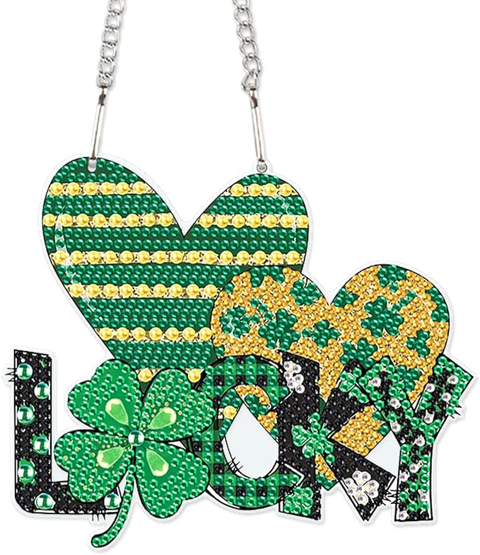 DIY Diamond Painting Hanging Ornament – St. Patrick’s Day Lucky Sign with Shamrock and Hearts, 5D Green Rhinestone Craft for Wall Door Festival Decor