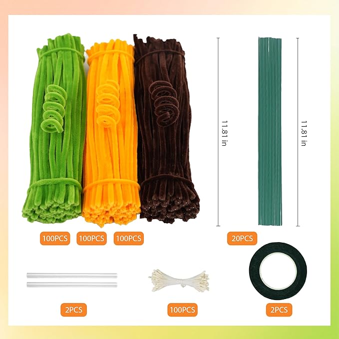 300 Pcs Thick Pipe Cleaners,Craft Supplies Floral Bonquet,DIY Flower Making Kit for Starter with Floral Wires, Gardening Tape,Stamen (Brown+Gold+Green)