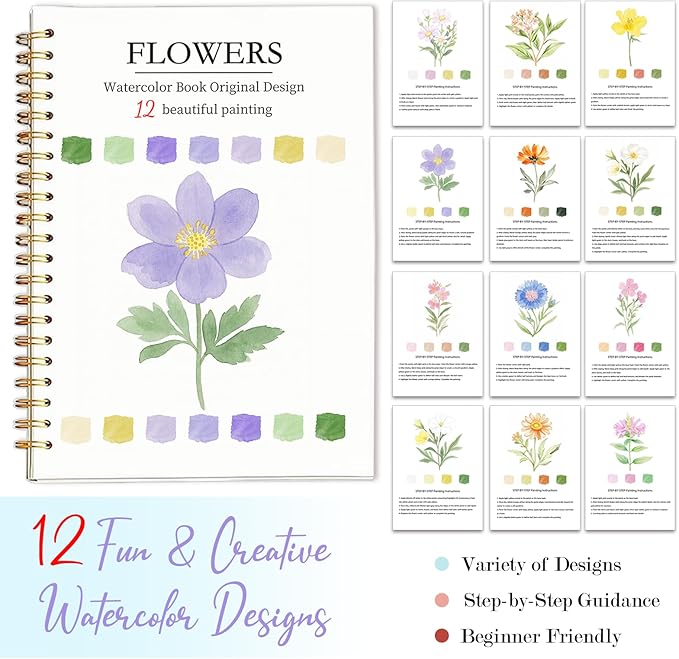 Easy Watercolor Workbook for Beginners - 12 Beautiful Step-by-Step Paintings Water Coloring Book, Includes 16 Colors Paints, Relaxing Art Projects and Creative Gift for Adults & Teen (Flowers)