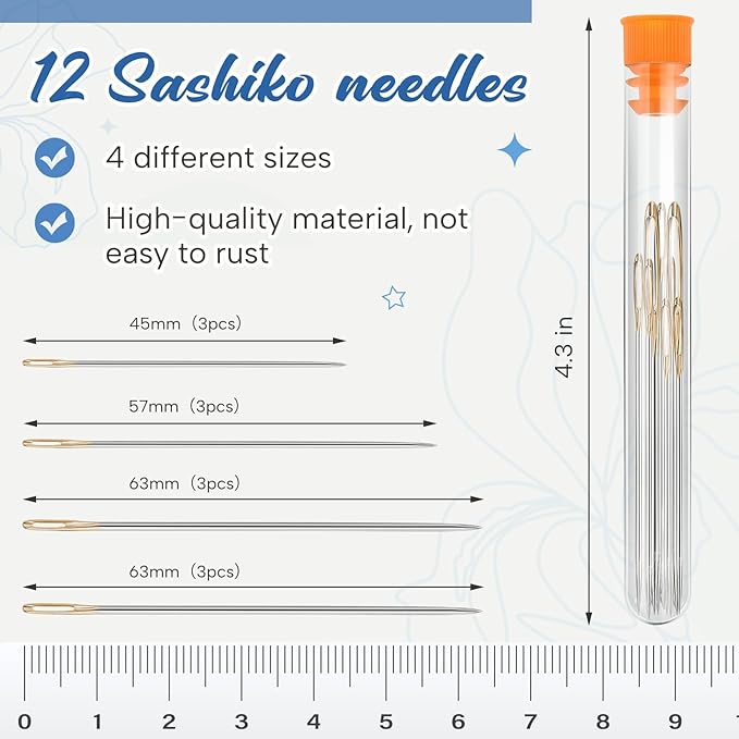 Zeyune 12 Skeins Blue Sashiko Thread Kit 100% Cotton with Sashiko Needles 20m(21.8yds) Thread for Hand Quilting and Embroidery Projects Pick Stitching Denim
