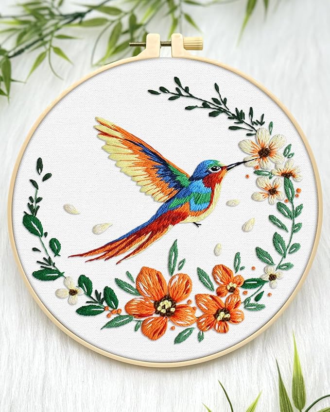 ERKOON Embroidery Kit for Beginners, Hummingbird and Flower Cross Stitch Set for Include Embroidery Cloth Hoops Threads for Craft Lover Hand Stitch (Colorful Hummingbird)