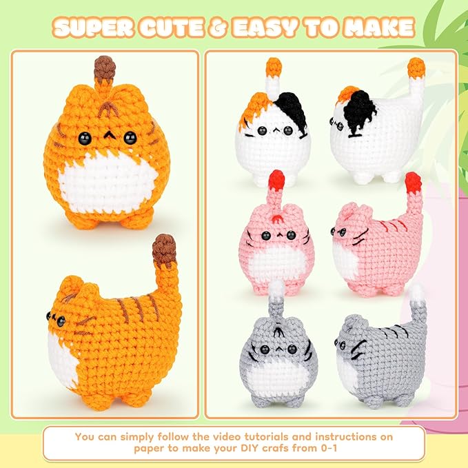Crochet Kit for Beginners-4PCS Cat Crochet Kits for Adults, Teacher Appreciation Gifts, Crochet Starter Kit with Step-by-Step Video Tutorials, Crochet Animals Kits DIY Craft Kit Learn to Crochet Kits