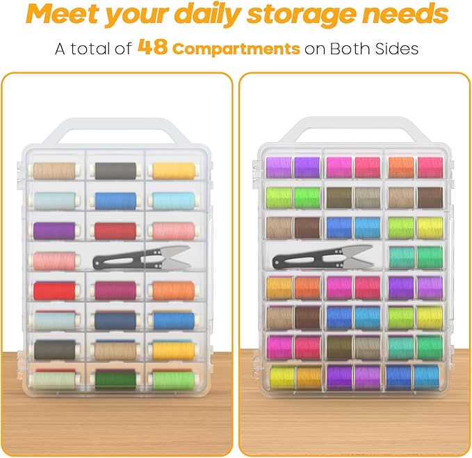 46 Grids Sewing Organizer, Double Sided Thread Box Storage, Portable Clear Plastic Organizer Box for Embroidery and Sewing Threads, Embroidery Floss, Crafts, Small Toys (Clear,1 Pack)
