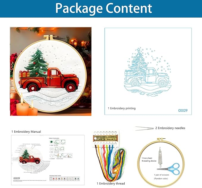 Zhenqing Christmas Tree & Red Truck Embroidery Kit - 29x29cm Printed Fabric, Hoop & Tools for Beginners (C0029)