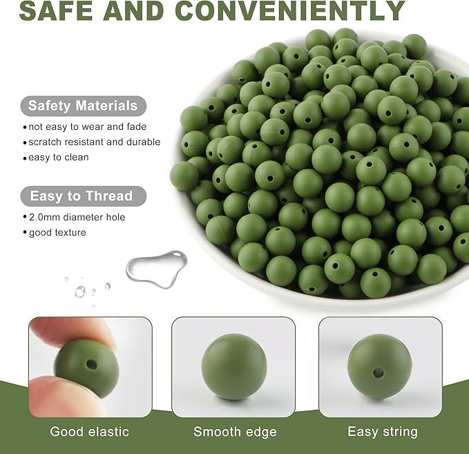 160Pcs 12mm Silicone Beads for Keychain Making Bracelet Necklace, Bulk Round Silicone Beads for Pens（Bean Green）