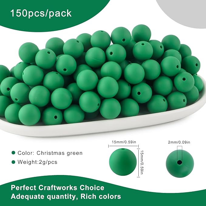 150Pcs 15mm Silicone Beads for Keychain Making Bracelet Necklace, Bulk Round Silicone Beads for Pens（Christmas Green）