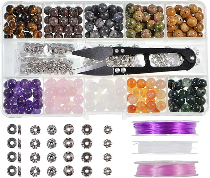 Stone Beads Box Set Kits 250pcs 8mm Round Loose Gemstone Natural Amethyst Rose Quartz Red Agate Larvikite Labradorite Assorted Color with Accessories Tools for Bracelet(100% Natural Stone Beads Kit 2)