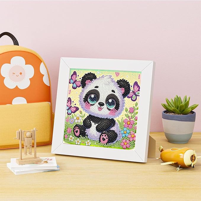 Panda Diamond Art Painting Kits for Kids with Frame, Panda Diamond Art for Kids Ages 4-8-12 with Frame, Easy Small Cute Animal Gem Painting Kit for Gift Home Wall Decoration (7x7 inch)