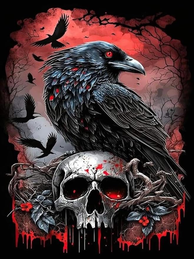 Mrnsiet Halloween Diamond Painting Kits for Adults, 5D Crow Diamond Painting for Beginner, DIY Full Drill Skull Diamond Art Kits for Home Wall Decor 12 x 16 Inch