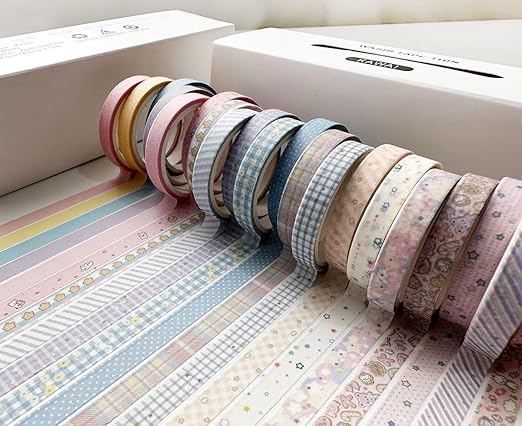 YUBX Vintage Washi Tape Set 20 Rolls Skinny Retro Decorative Antique Patterns Masking Tapes for Arts, DIY Crafts, Journals, Planners, Scrapbook, Wrapping (Kawaii)