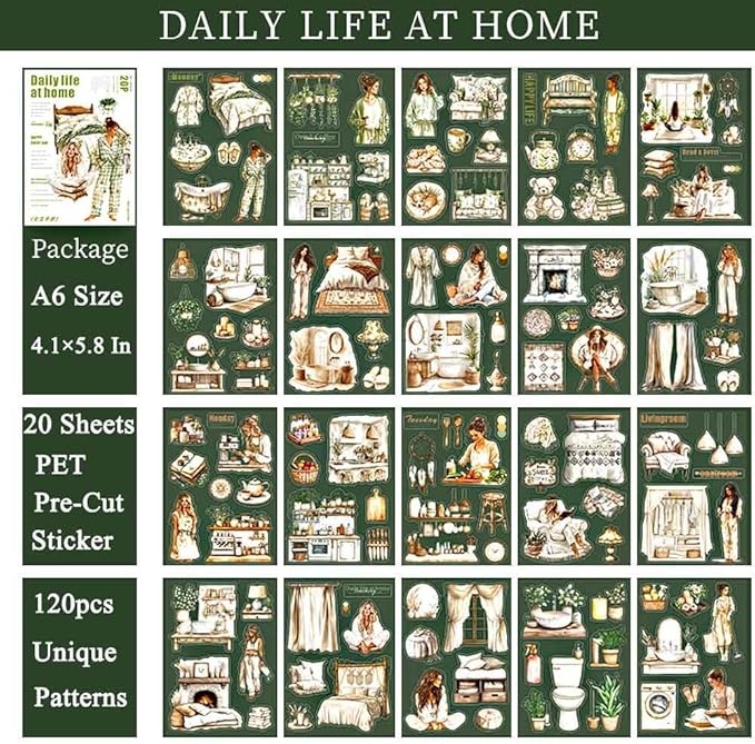 20 Sheets Daily Life Sticker Book for Journaling Supplies, Aesthetic Home Girl Sticker for Scrapboook Junk Journal, Die-Cut PET Stickers for Pre-Cut Ephemera, Bujo Planner Arts Craft