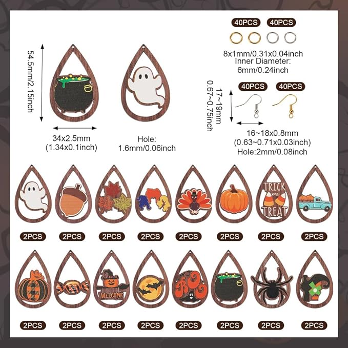 32pcs Halloween Teardrop Wooden Earring Charms Big Hollow Wood Cutouts with Pumpkin & Ghost & Witch Printed for Necklace Keychain DIY Jewelry Craft Making
