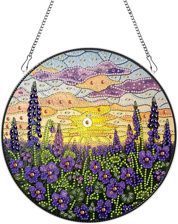 hyzsj DIY Hanging Diamond Art Pendant Painting Kit Lavender Sunset,Acrylic 5D Painting Window Pendants, Special Crystal Gem Craft Painting Kit Ornament 9.4x9.4inch