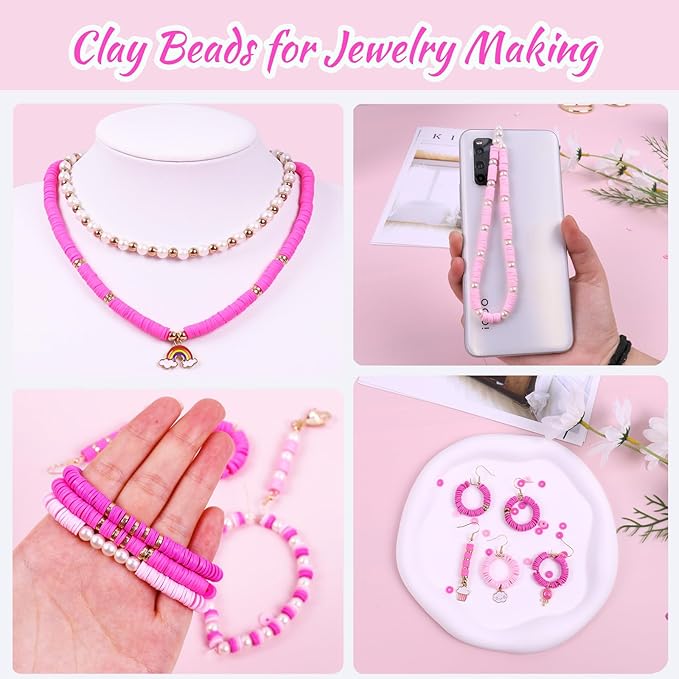 Wuollgess 3500PCS Pink Clay Beads for Bracelet Making Kit, Heishi Beads for Jewelry Making, Friendship Bracelet Kit, Spacer Beads for Adult Necklace Earring DIY