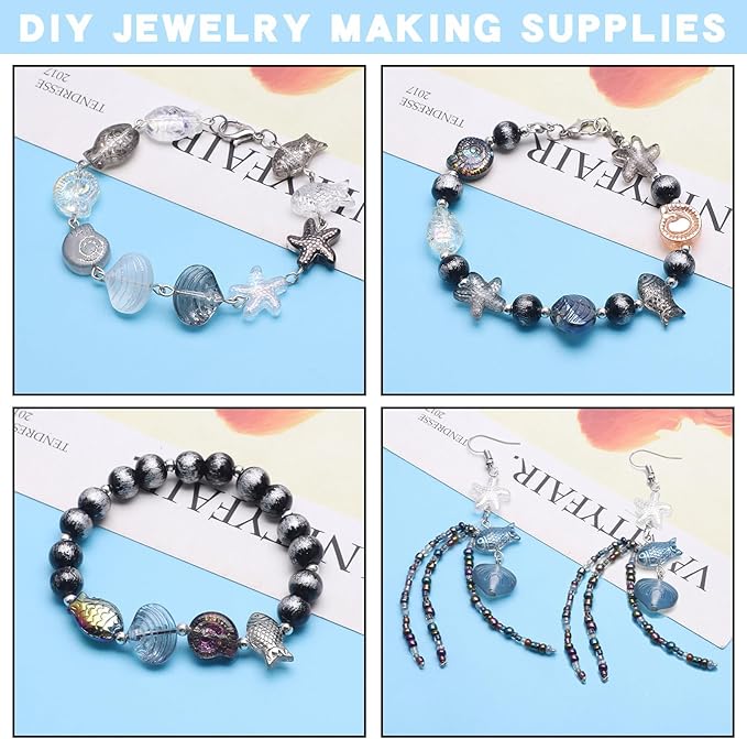 650pcs Starfish, Shell, Snails, Fish Glass Beads for Jewelry Making - Ocean Themed Colorful Star Beads for Bracelet, Loose Spacer for DIY Craft Earrings Necklaces