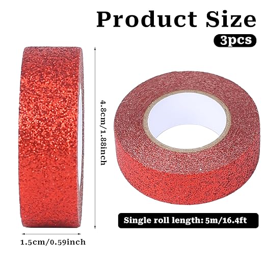 Mozeat Lens 3 Rolls Glitter Washi Tape 5/8" (15mm) Red Decorative Tape Red Glitter Washi Tape Decorative Adhesive Tape Craft Self Adhesive Stick on Sticky Glitter Trim, 5.5yd/Roll