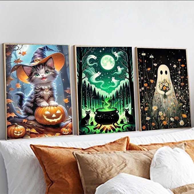 Meothan Halloween Diamond Art Kits for Adults, 3 Pack Ghost and Cat Diamond Painting Kits for Adults, 5D DIY Round Full Drill Gem Art Paint by Diamonds Dots Crafts Kits for Home Decor Gift 12x16inch