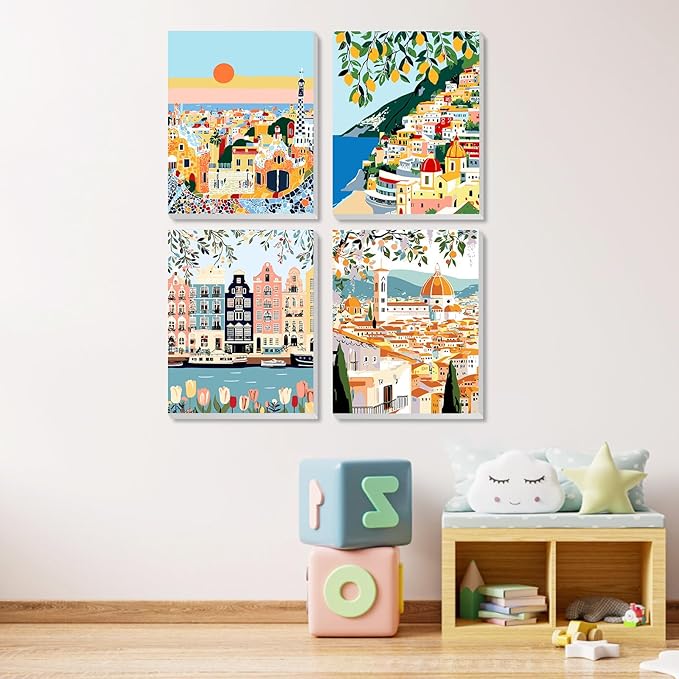 MXJSUA 4 Pack Romantic Street Scene Framed Paint by Numbers Kit with Canvas for Adults Beginner, DIY Acrylic Oil Painting Kits with Brushes for Home Wall Decor Gift (8x10 inch)