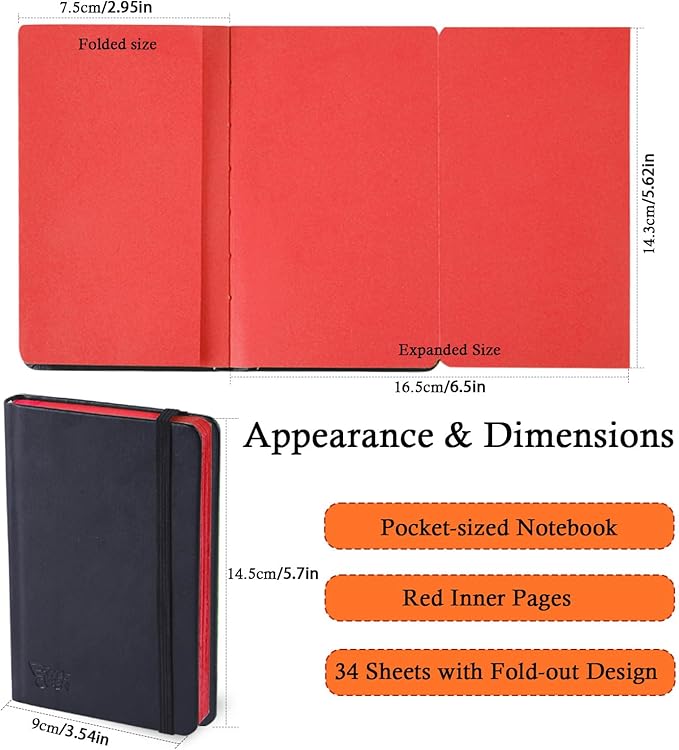 Small Premium Red Art Sketchbook,5.7 x 3.54 inches Mixed Media Notebook,34 Sheets 120 GSM Acid-Free Folding Drawing Papers, Hardcover Pocket Journal Sketchbook for All Artists