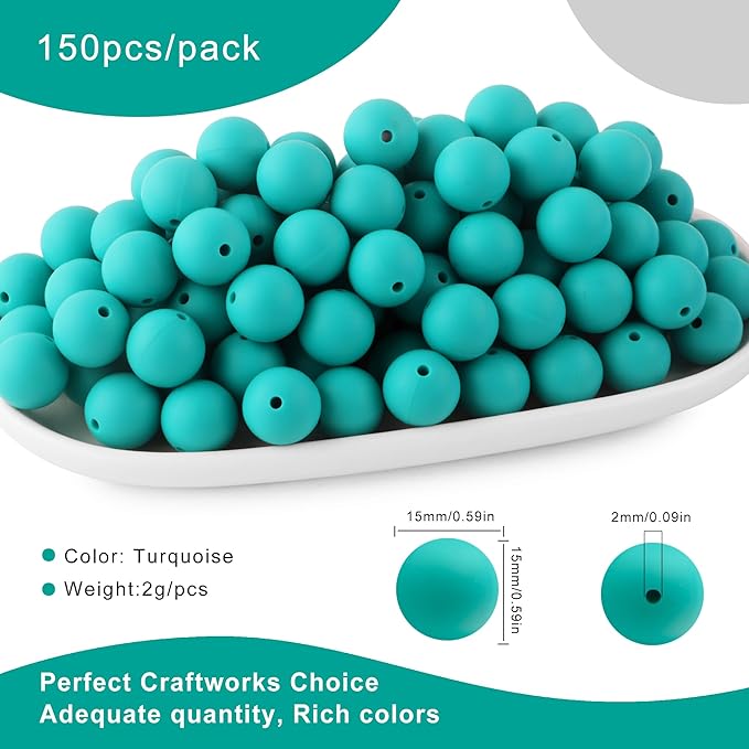 150Pcs 15mm Silicone Beads for Keychain Making Bracelet Necklace, Bulk Round Silicone Beads for Pens(Turquoise)