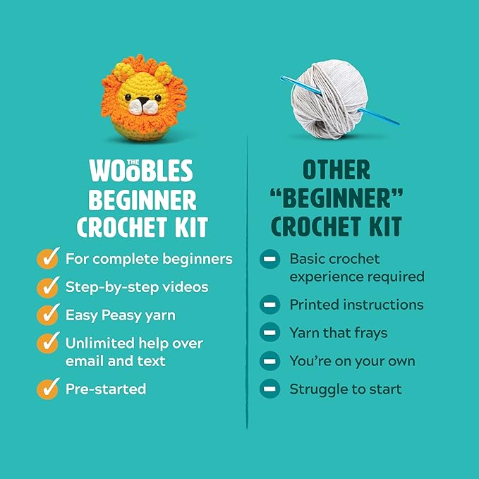 the woobles crochet kit for beginners - easy arts and crafts knitting & crochet animals kit all in one bundle as seen on shark tank - (penguin,chick,fox & bunny) with easy peasy yarn