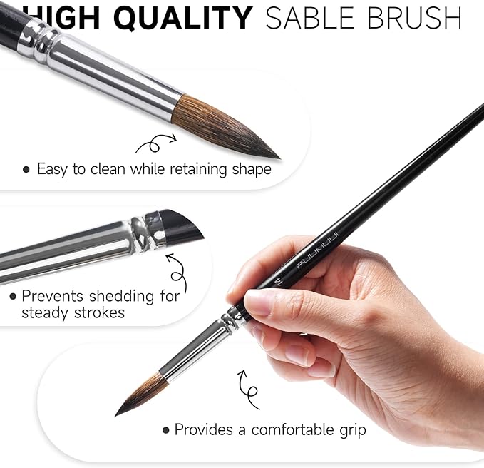 Watercolor Brush Set, Fuumuui 7pcs Professional Sable Paint Brushes with Extended Needle, Round Point, Flat, Dagger, Cat's Tongue for Watercolor, Acrylic, Gouache – Detail & Wash Painting