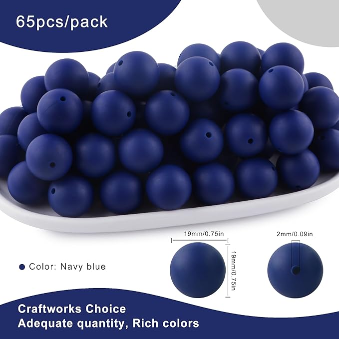 65Pcs 19mm Silicone Beads for Keychain Making Bracelet Necklace, Bulk Round Silicone Beads for Pens(Navy Blue)