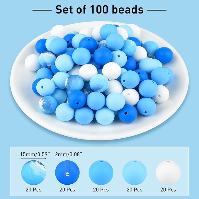 ASTARON 100 Pcs 15mm Silicone Beads for Keychain Making, White Blue Silicone Round Beads Bulk for Bracelets Pens Crafts Supplies
