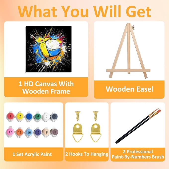 Paint by Numbers Kit for Kids with Frame, Volleyball Paint by Numbers for Kids Ages 4-8-12, DIY Volleyball Acrylic Oil Painting for Home Wall Art Decor Gift 7.8x7.8 inch (with Frame Easel)