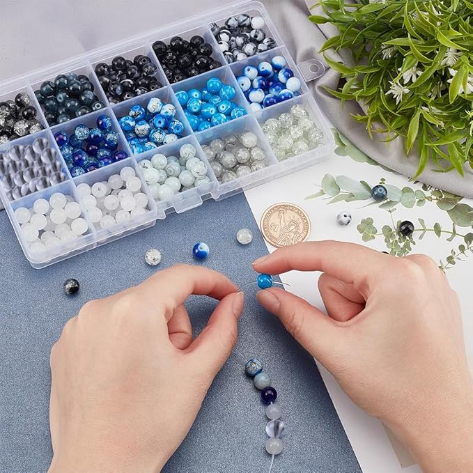 PH PandaHall 450pcs 8mm Black Blue Glass Beads, 15 Colors Ocean Sea Acrylic Bead Jewelry Loose Beads Round Bracelet Bead for Christmas Earring Necklace Bracelet Jewelry Making