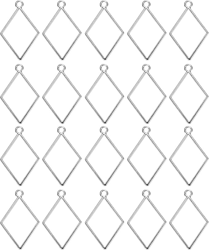 uxcell 60Pcs Alloy Open Bezel Pendants, Diamond Shape Hollow Frame Pendant Geometric Open Back Frame Pendant for Resin Jewelry Making Earrings Necklace Bracelet DIY, Silver Tone