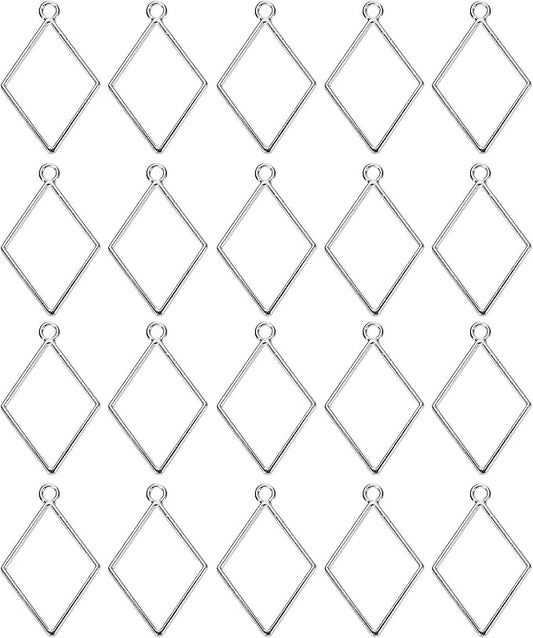 uxcell 60Pcs Alloy Open Bezel Pendants, Diamond Shape Hollow Frame Pendant Geometric Open Back Frame Pendant for Resin Jewelry Making Earrings Necklace Bracelet DIY, Silver Tone