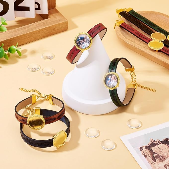 FASHEWELRY 5Pcs PU Leather Cord Bracelet Blanks Bezel Tray Settings Golden Flat Round Tray Cabochons Adjustable Round Tray Bracelet Kits with Glass Cabochons for Jewelry Making