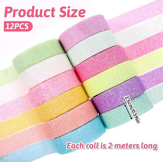 12 Rolls Glitter Washi Tape Set Christmas Washi Masking Tape Decorative Adhesive Tape for Scrapbooking DIY Crafts Crafters Embellished Journals Planners Cards Gift Wrapping Ribbons Wedding (B)