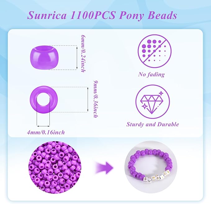 sunrica 1100pcs purple pony beads 6x9mm large hole plastic beads for kandi, hair braids, necklaces, friendship bracelets