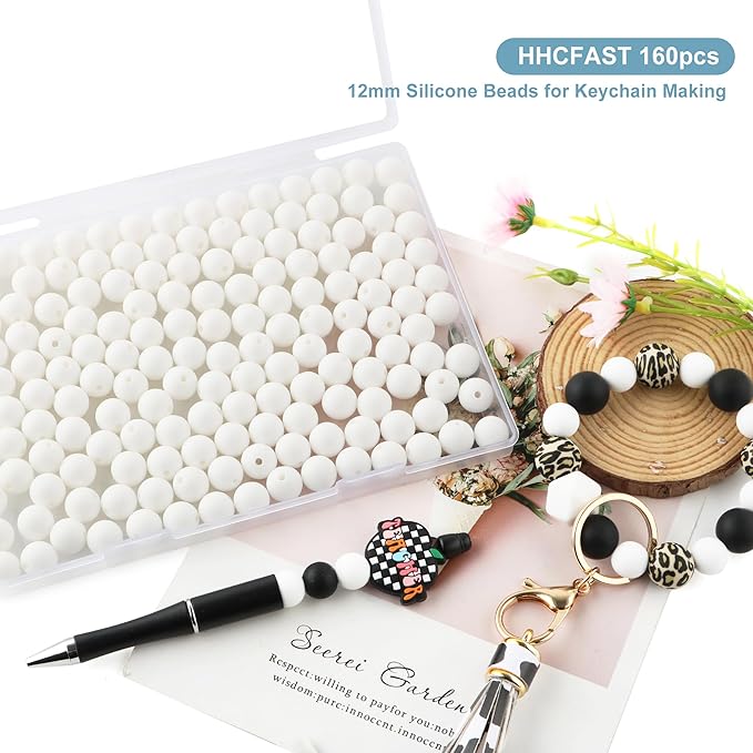 160Pcs 12mm Silicone Beads for Keychain Making Bracelet Necklace, Bulk Round Silicone Beads for Pens（White）