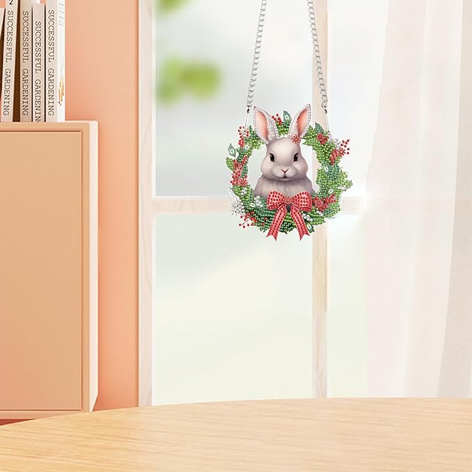 Tontut Bunny Diamond Painting Hanging, Easter Special Shape Diamond Painting Kits, Acrylic Crafted Diamond Art for Home Wall Garden Decoration