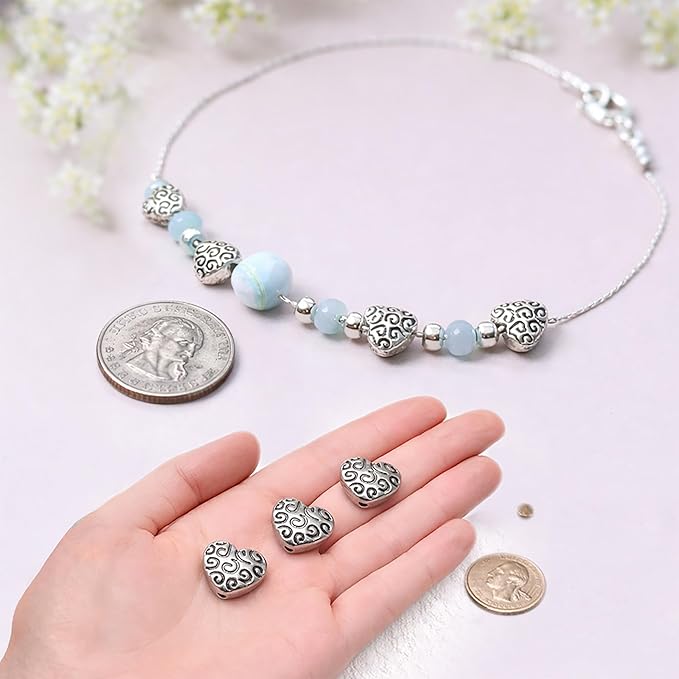 Tibetan Silver Heart Spacer 76Pcs Flat Beads for Jewelry Making Supplies Adults Small Seed Bead for Necklace Earring Bracelet Making Kit Bulk 9mm
