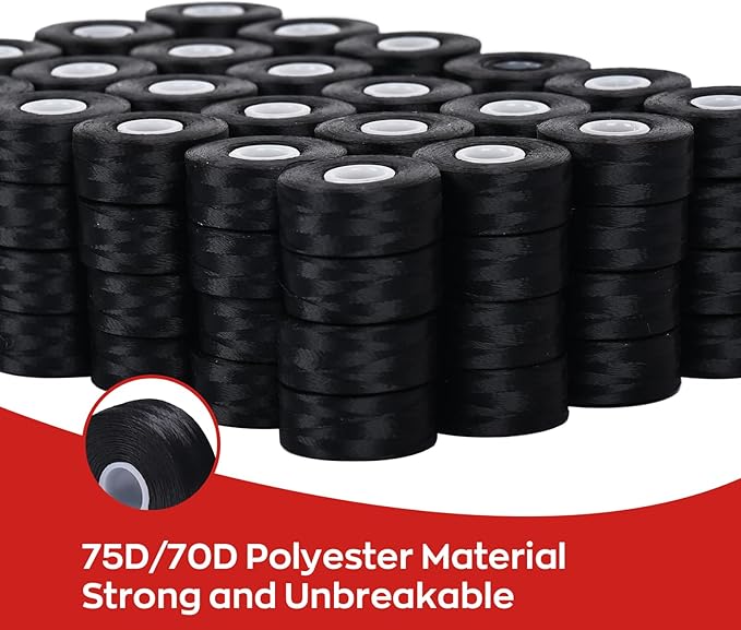 Poolin Prewound Bobbins, Richword Selected Black SideLess 144pcs Size L(SA155), 75D/2(60WT) Polyester Bobbin Thread for Commercial Multi Needles Embroidery Machine, 120 Yards