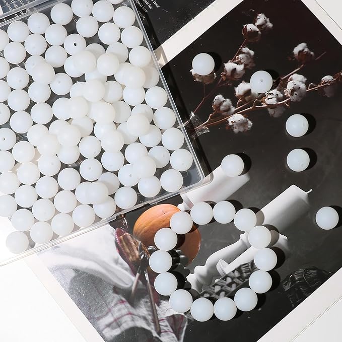 120pcs Richbunnys 15mm Bulk Silicone Beads for Pens and Keychain Making,Large Bead for Necklace and Bracelets Making,Assorted Rubber Beads Set（Semi-Transparent White）