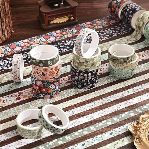 12 Rolls Floral Washi Tape Set - 0.4/0.6/0.8/1.2in Numerous Flowers Design Decorative Tapes for Journaling Scrapbooking Writable Vintage Scrapbook Supplies Letter Gift Craft Tape (Colorful1)
