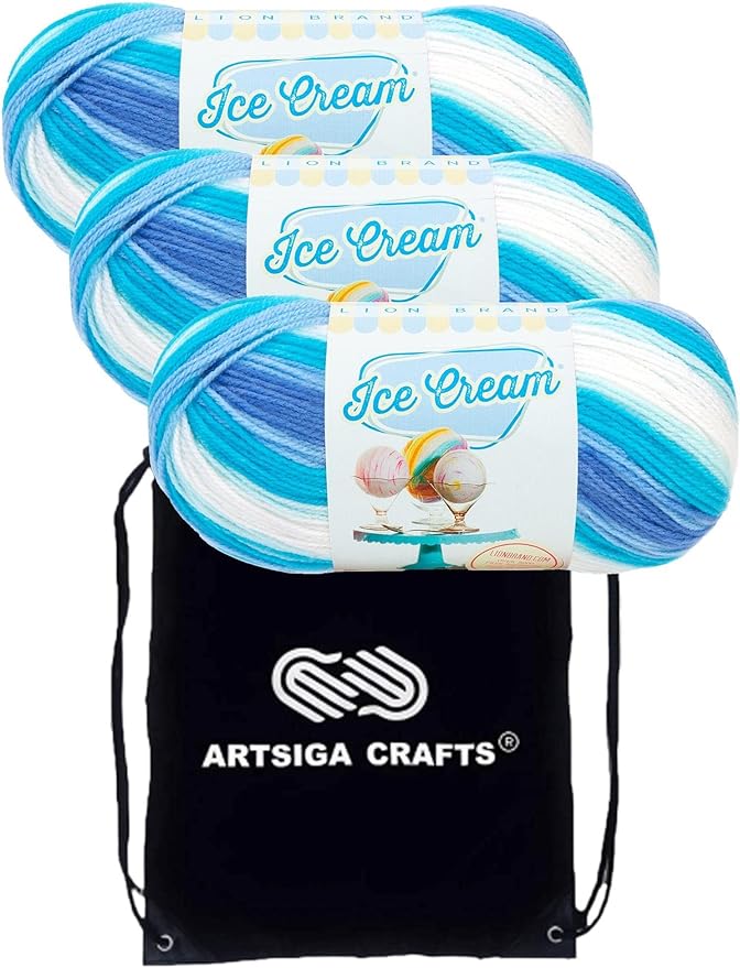 Lion Brand Ice Cream Blue Moon 923-218 (3-Skeins - Same Dye Lot) Baby Sport #2 Acrylic Yarn for Crocheting and Knitting with Project Bag