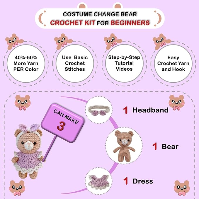 LoopMap Amigurumi Crochet Kit for Beginners with Removable Dress & Video Tutorials, DIY Bear Making Kit Includes Premium Yarn & Tools, Creative Gift for Adults Teens (Purple)