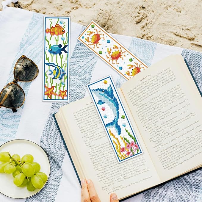 ORIGACH 6 Set Marine Animals Cross Stitch Bookmark Kit for Beginner with Backing Felt Floss Instructions DIY Stamped Embroidery Bookmark Kit for Adults, Book Lovers