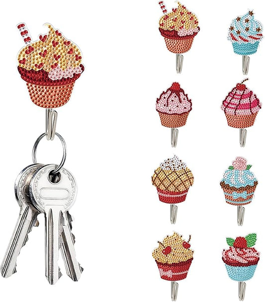 antor 8 Pcs Cupcake Diamond Art Hooks, DIY 5D Crystal Rhinestone Adhesive Wall Hangers, Cute Diamond Painting Hooks for Keys, Towels, Hats, Lightweight Clothes & Home Decoration